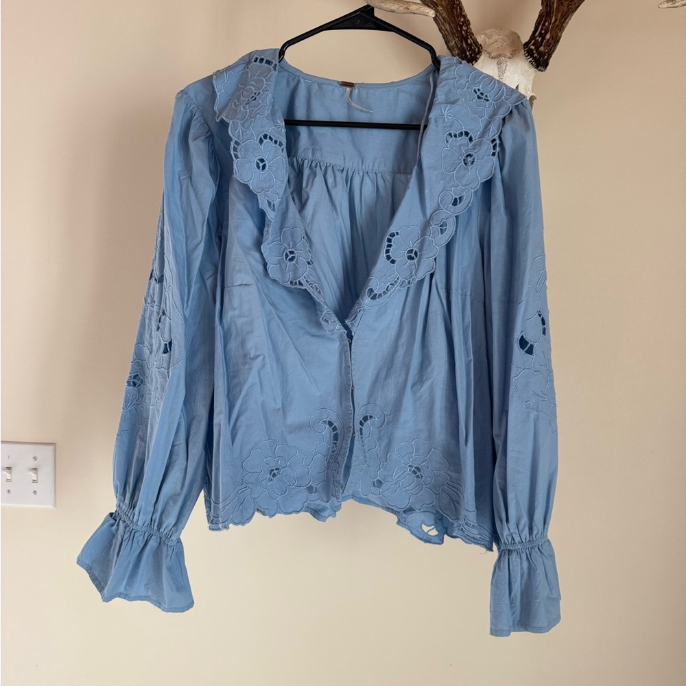 Free People Sky Blue Eyelet Peasant Blouse